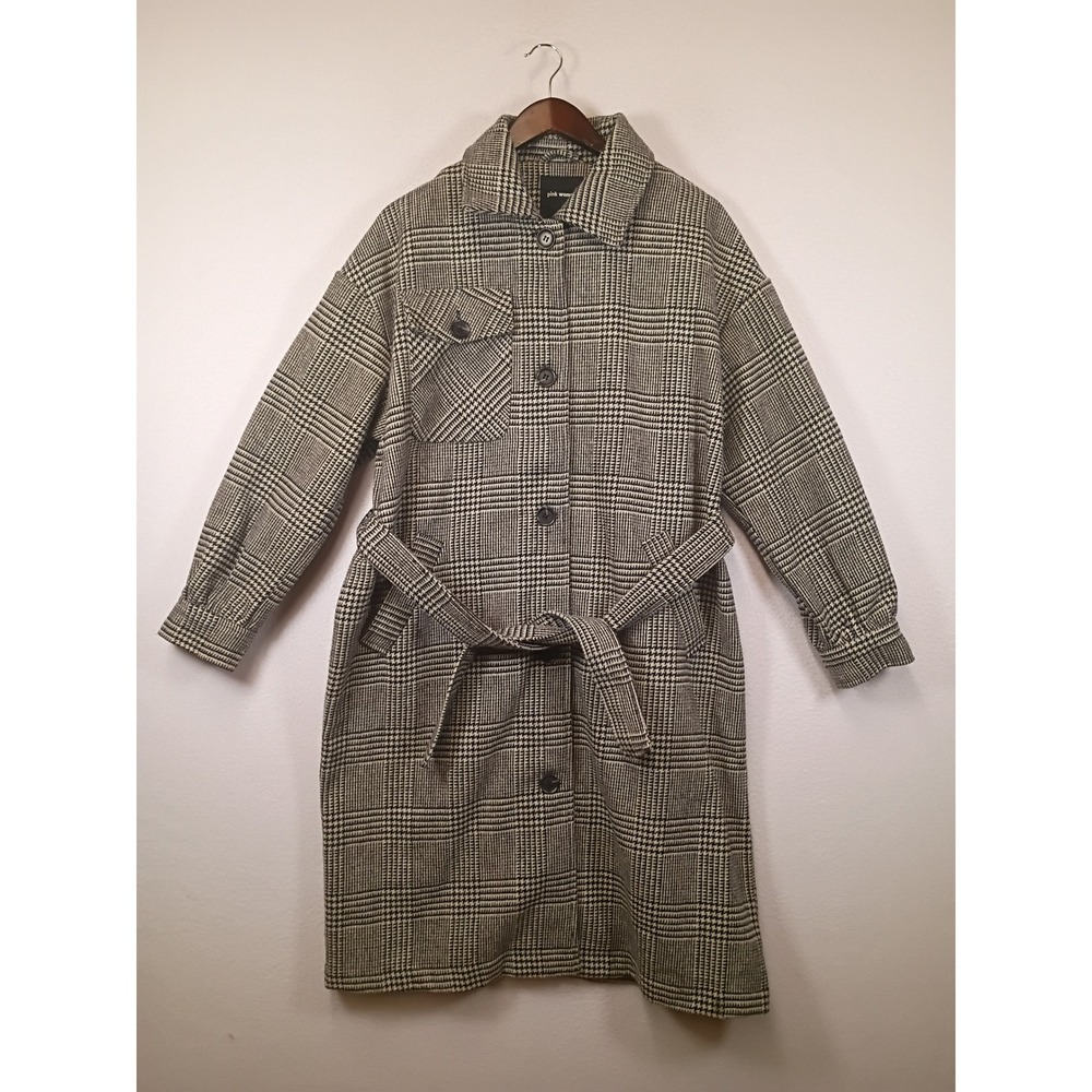 Dark Academia Pink Woman Womens Size M Black White Plaid‎ Belted Trench Coat